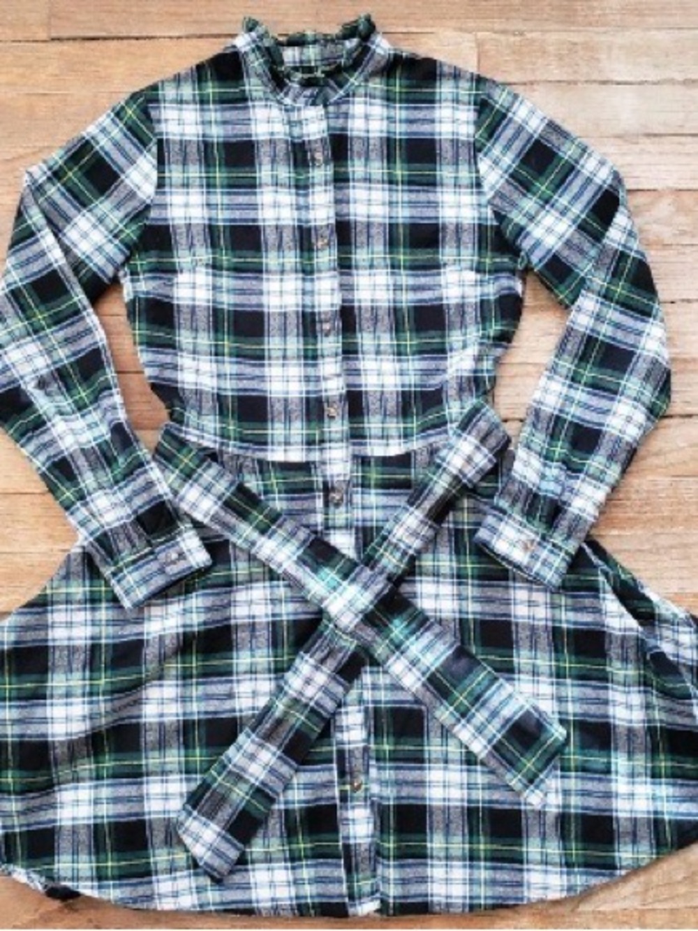 Plaid Long-Sleeve Shirt Dress with Belt - Black & Green